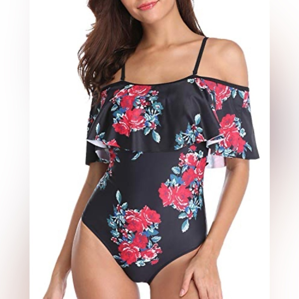 Ekouaer black and pink floral off shoulder one piece swimsuit